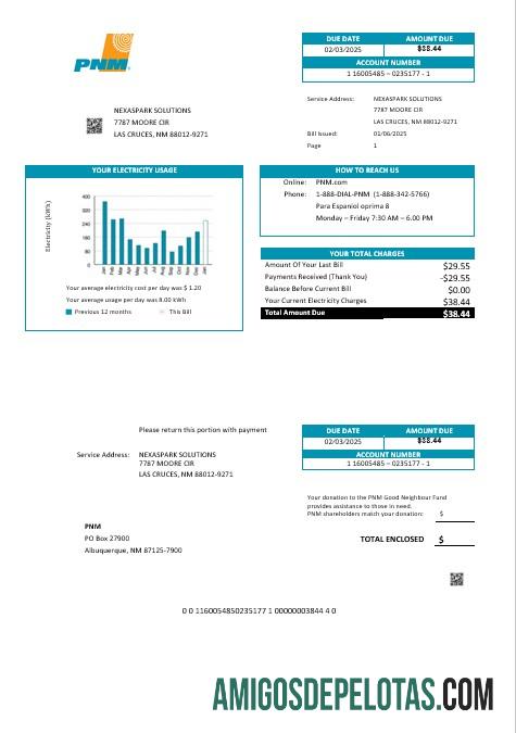 Para baixar modelo de conta de serviços públicos fácil de preencher PNM dos EUA Novo México em formatos Word e PDF